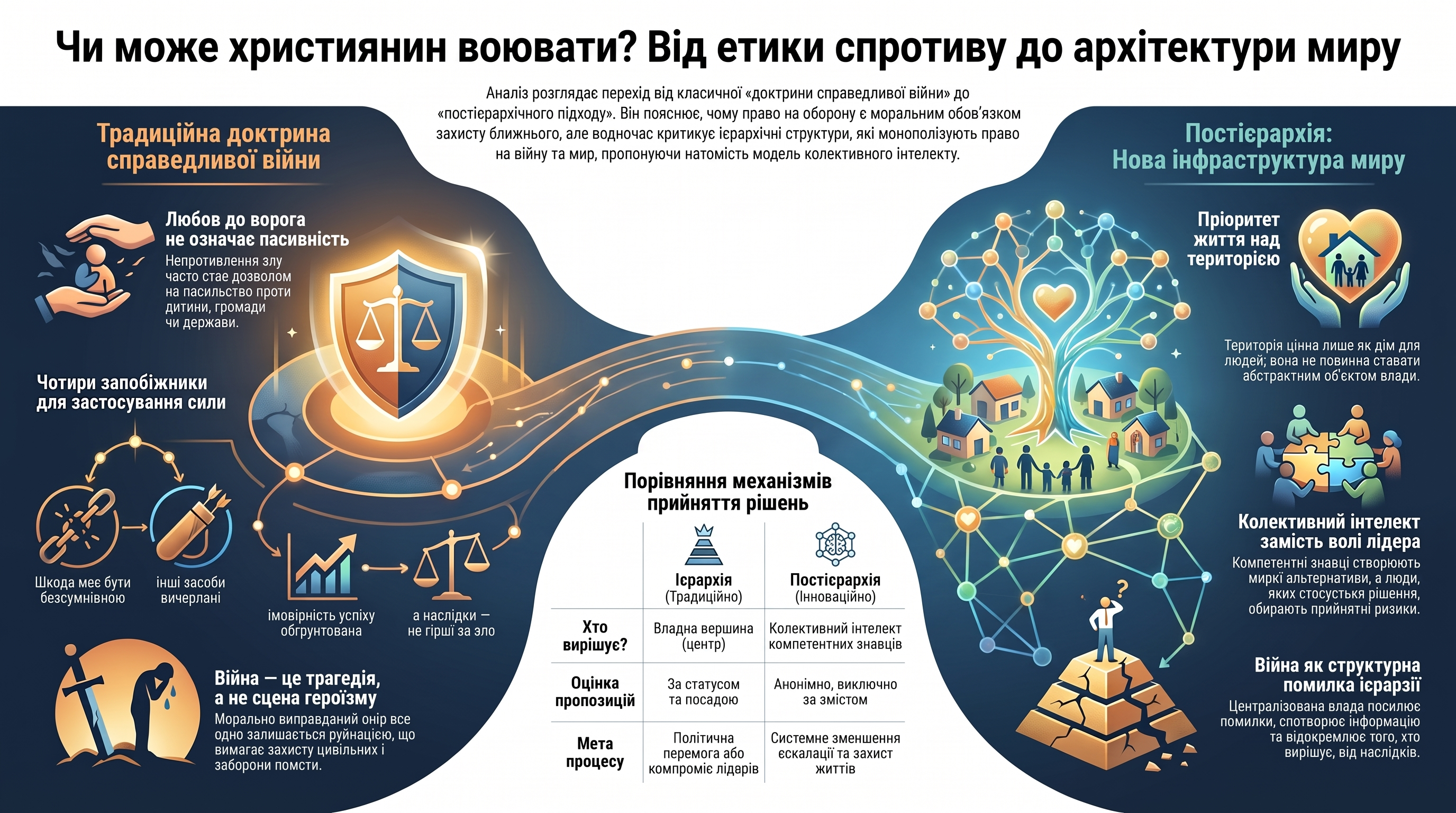 Інфографіка порівнює традиційну доктрину справедливої війни та постієрархічну інфраструктуру миру, показуючи роль колективного інтелекту й пріоритет людського життя.