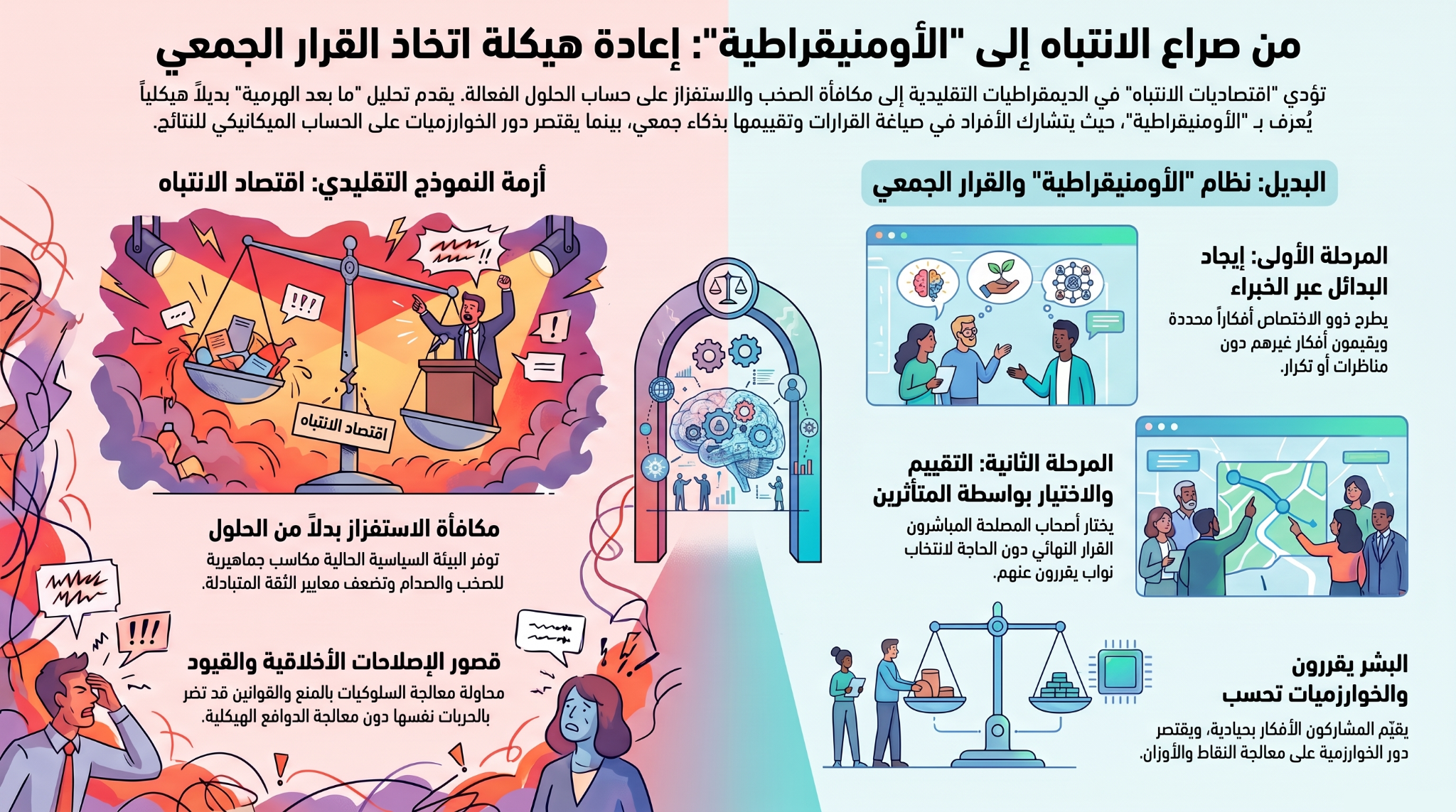 من صراع الانتباه إلى الأومنيقراطية: خبراء يبتكرون البدائل، وأصحاب المصلحة يختارون، والخوارزمية تحسب فقط.