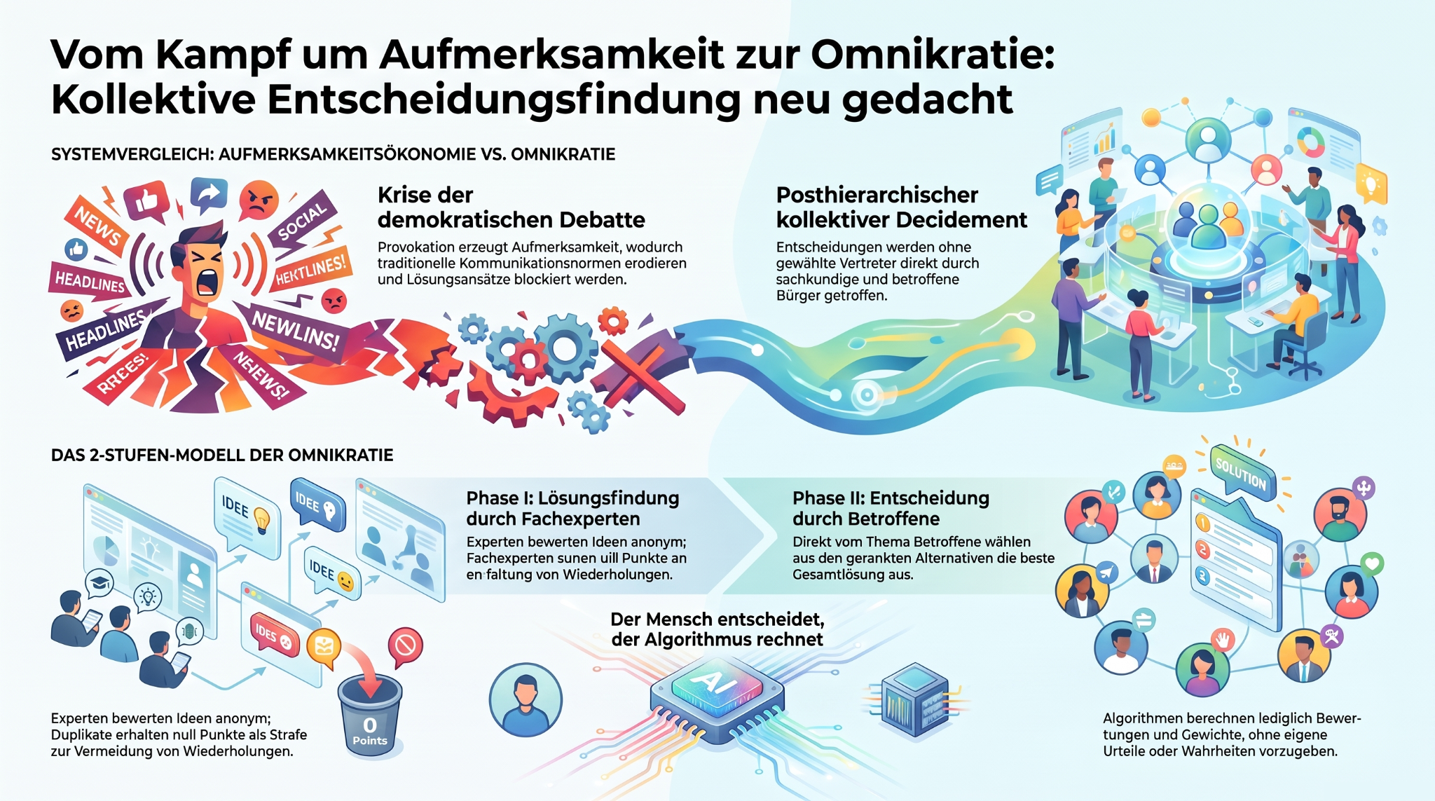 Omnikratie: Vom Kampf um Aufmerksamkeit zur kollektiven Entscheidungsfindung. Fachkundige und Betroffene wählen Lösungen gemeinsam, während der Algorithmus nur berechnet.