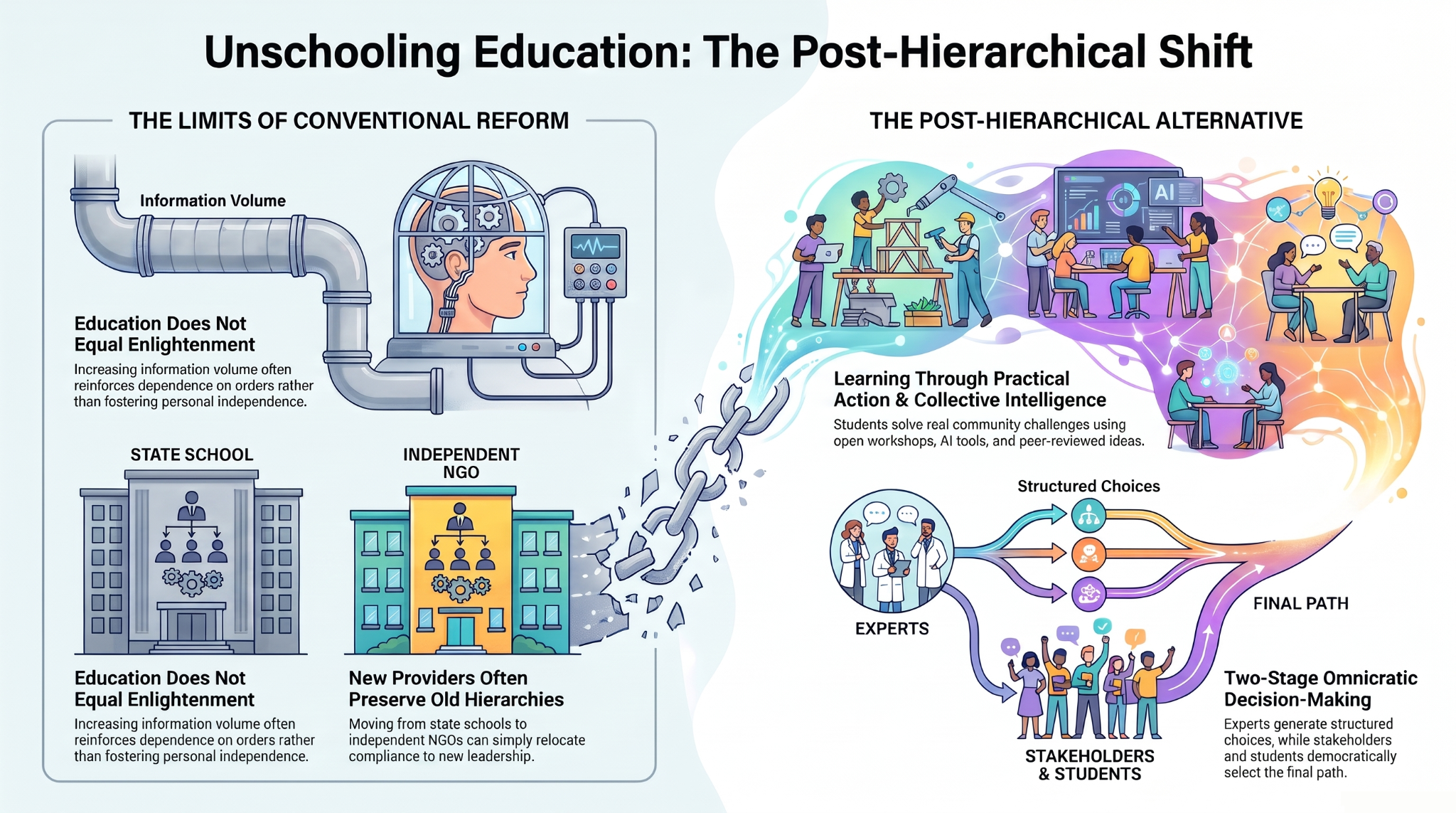 Infographic contrasting conventional education reform with a post-hierarchical alternative based on practical action, collective intelligence, and two-stage omnicratic decision-making.