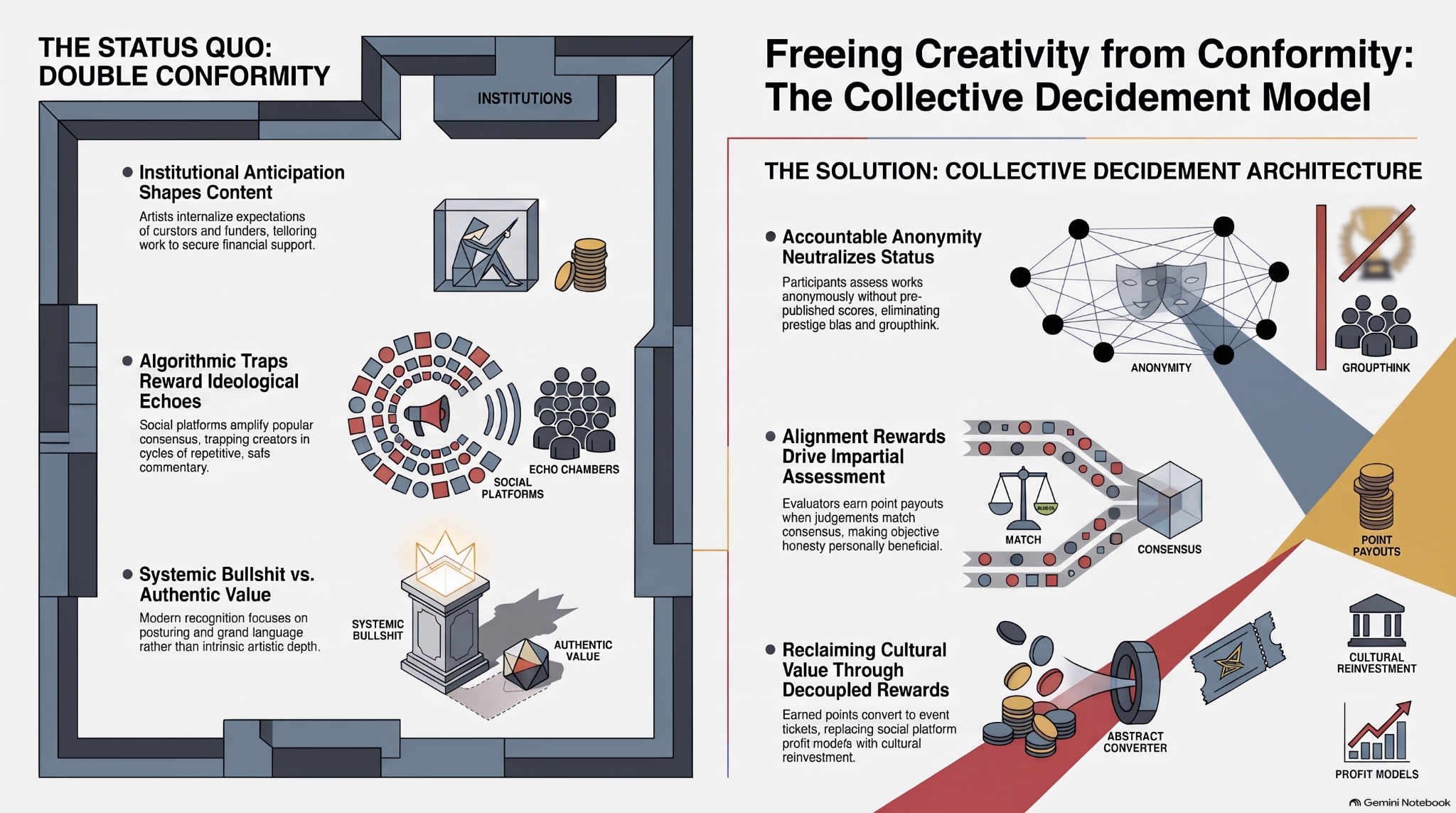 Freeing creativity from conformity: a comparison of institutional and algorithmic pressures with collective decidement, accountable anonymity, impartial assessment and points exchanged for cultural experiences.