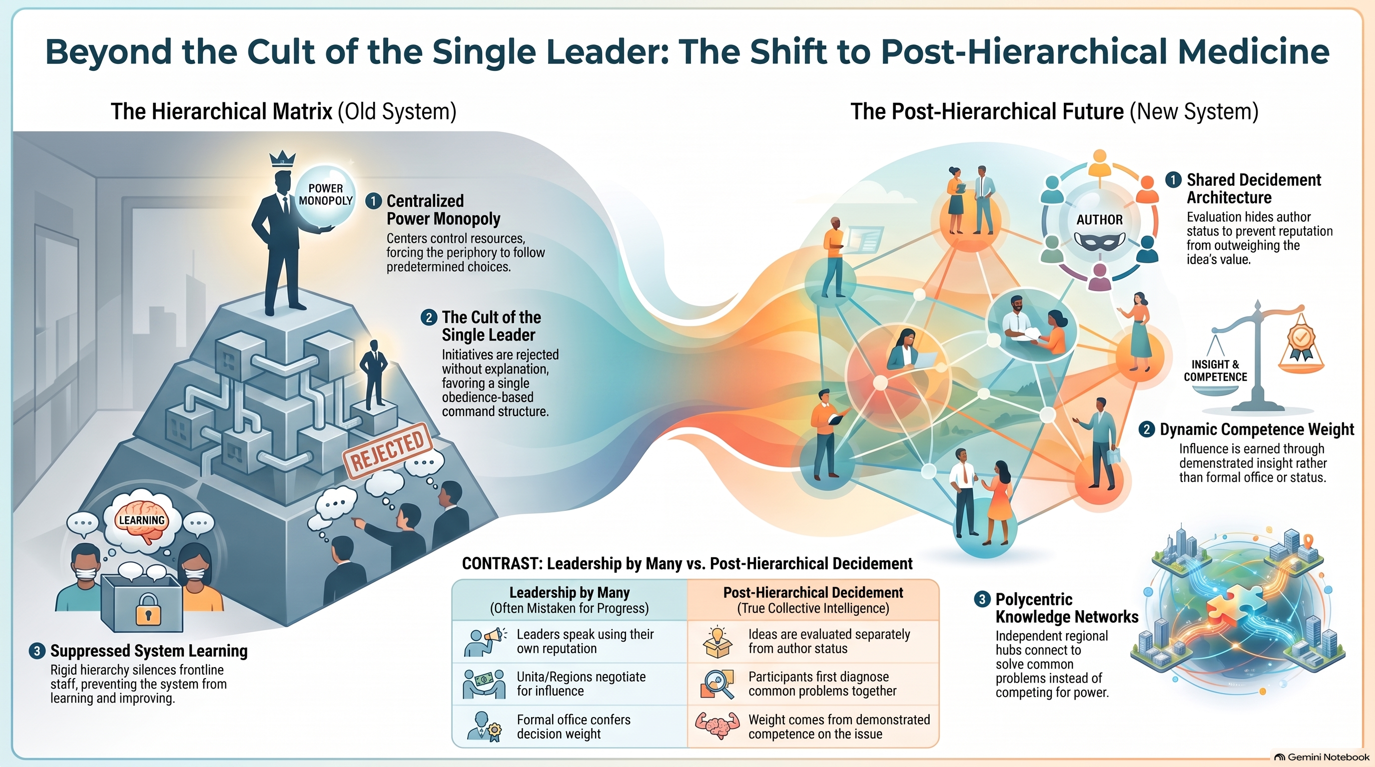 Infographic contrasting the hierarchical medical matrix—centralised power, the cult of a single leader and suppressed system learning—with post-hierarchical medicine based on shared decidement, dynamic competence weight and polycentric knowledge networks.
