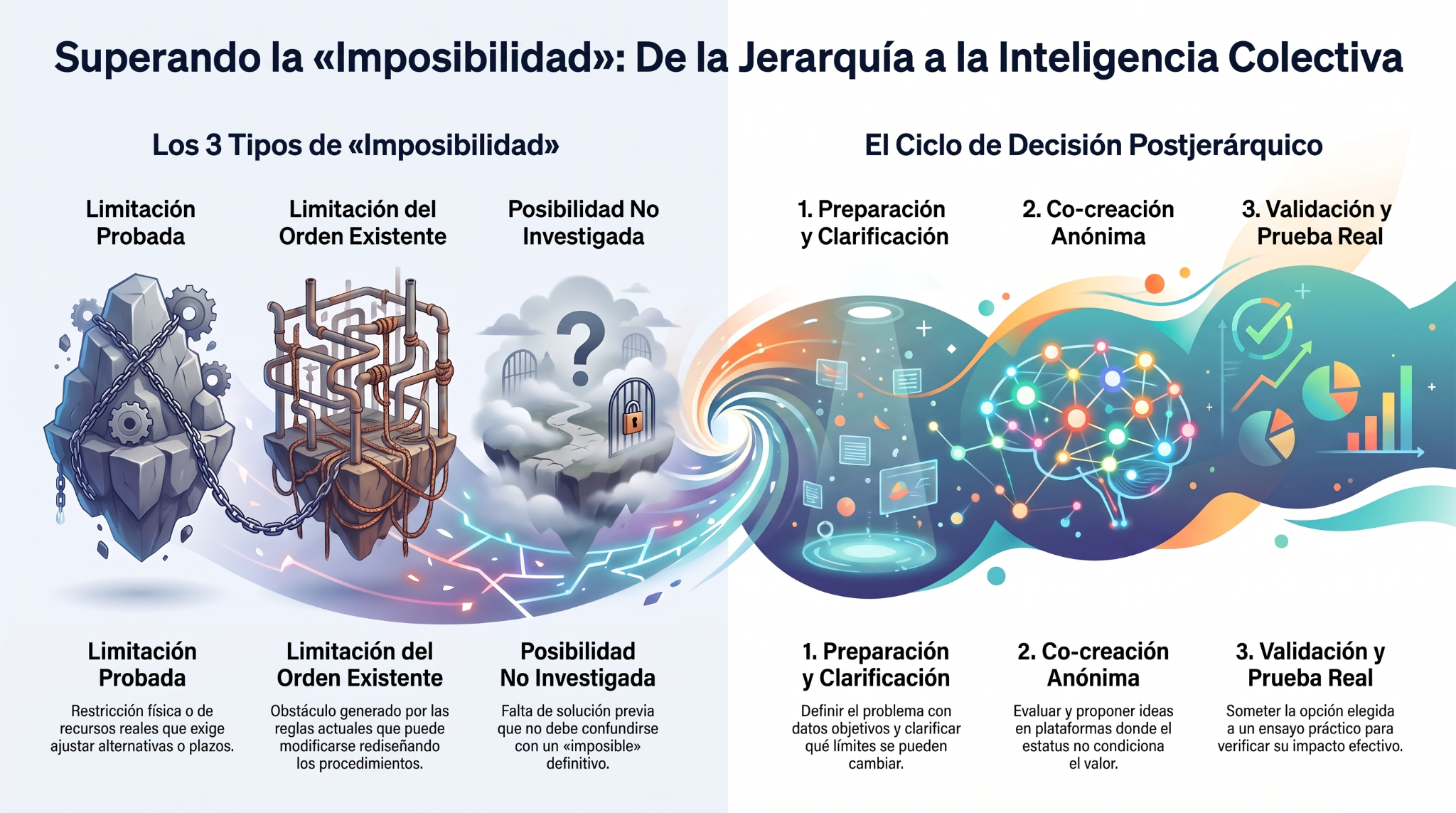 Superando la imposibilidad: de la jerarquía a la inteligencia colectiva. La infografía distingue restricciones comprobadas, límites del orden existente y posibilidades no exploradas; presenta la preparación del problema, la creación y evaluación anónima de alternativas y la comprobación práctica de las soluciones.