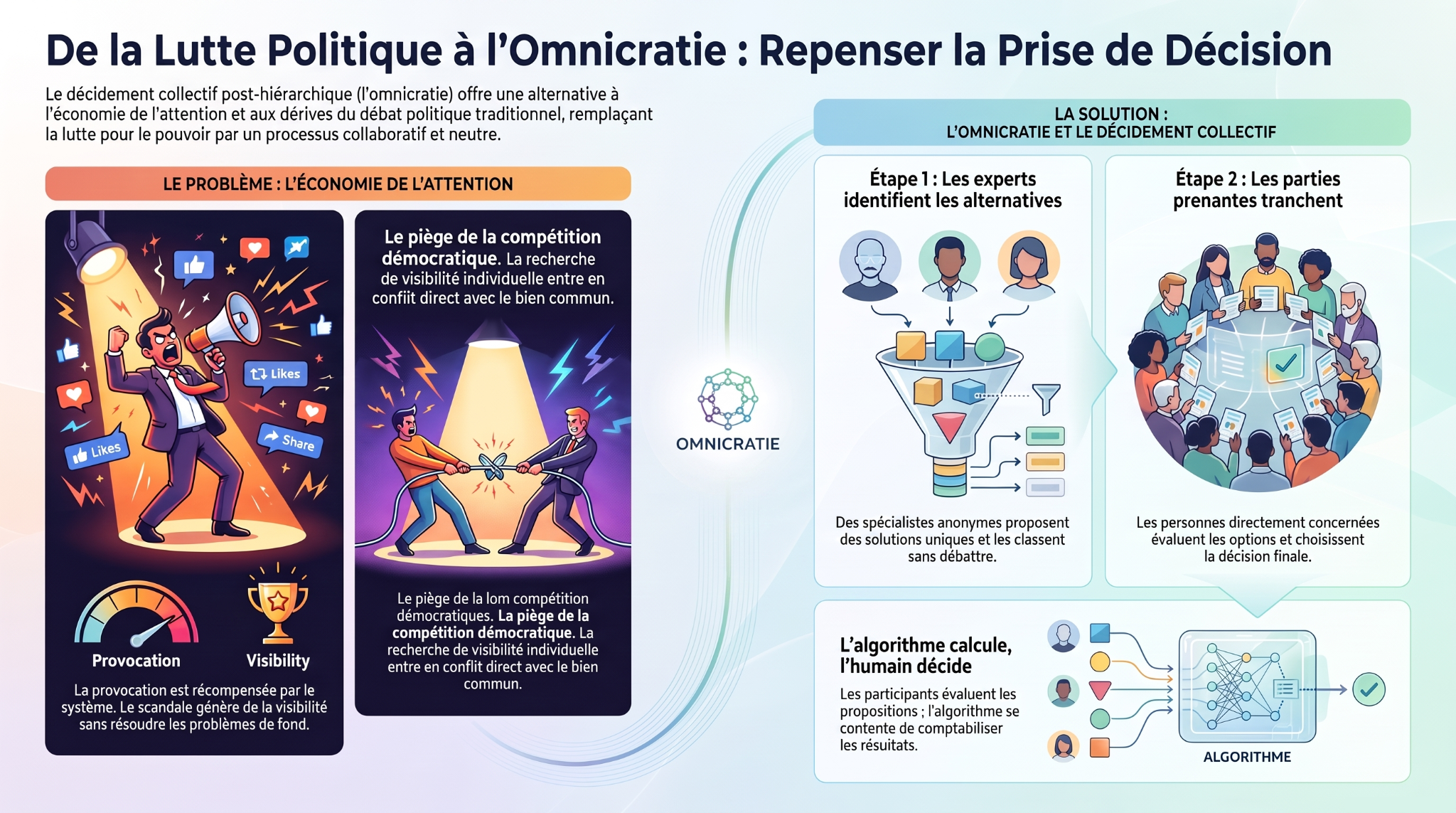 De la lutte politique à l’omnicratie : l’économie de l’attention face au décidement collectif en deux étapes, avec des personnes qui décident et un algorithme qui calcule.