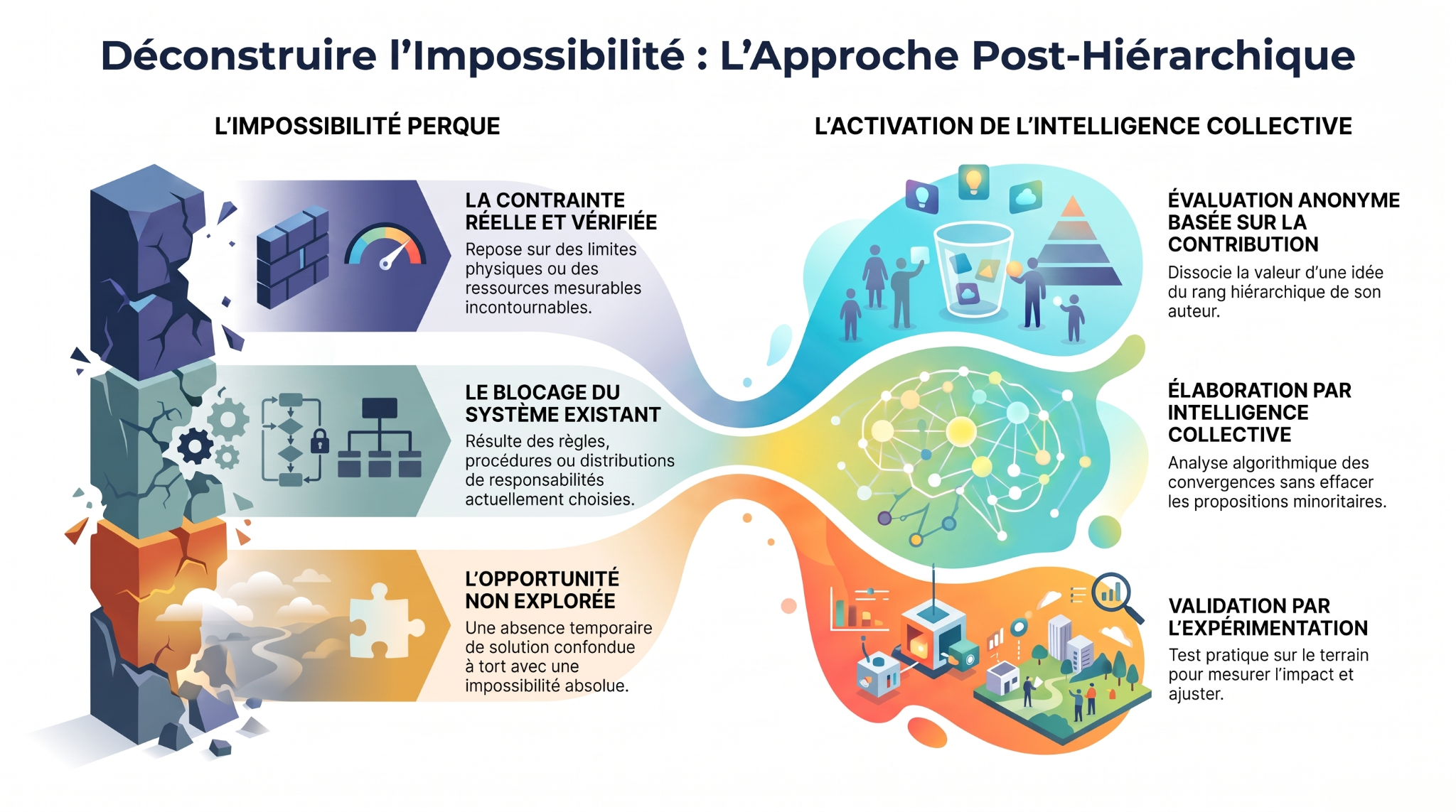 L’infographie distingue les contraintes vérifiées, les blocages du système existant et les possibilités inexplorées. L’approche post-hiérarchique associe l’évaluation anonyme des idées par les participants, le calcul des résultats collectifs et la vérification pratique de la solution retenue.