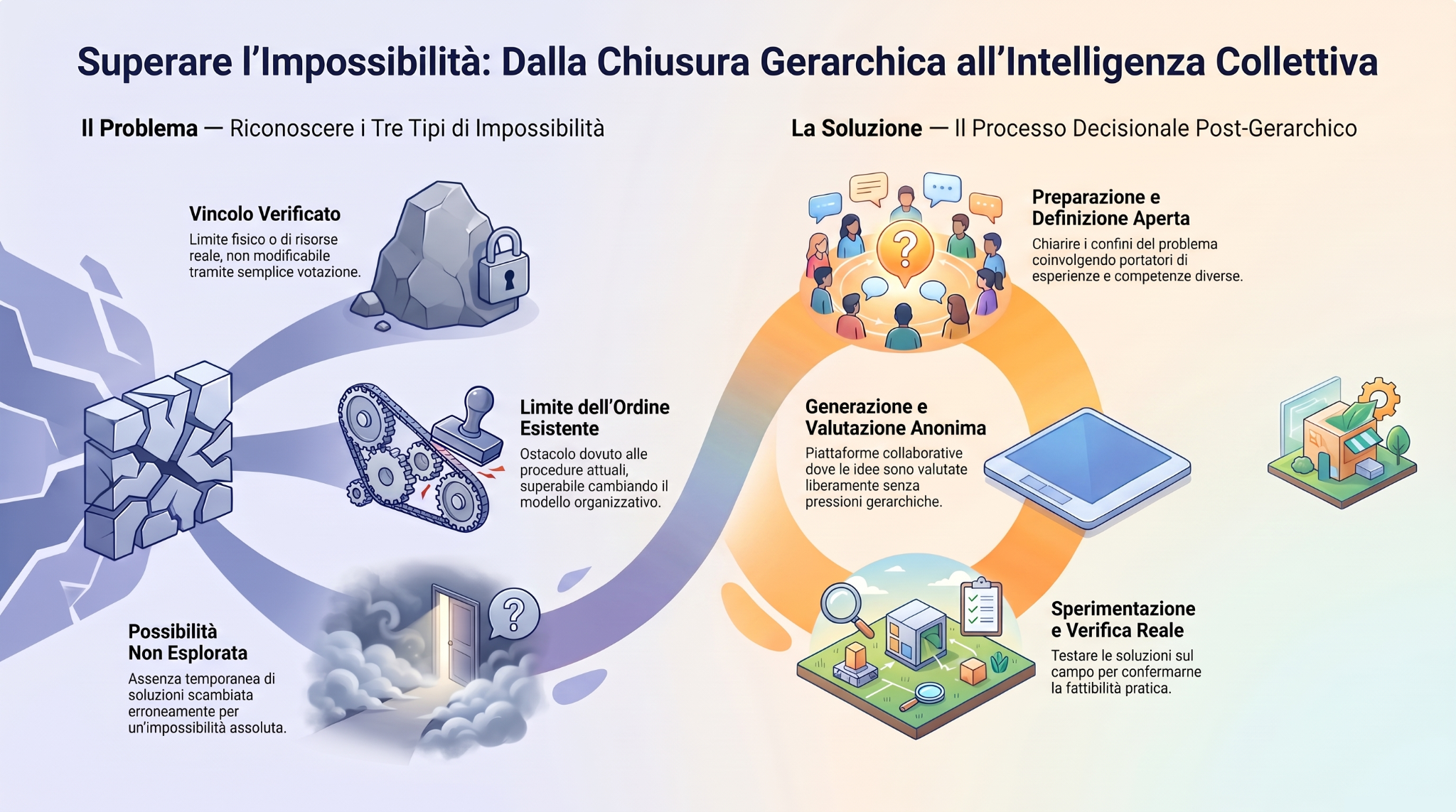 Superare l’impossibilità: dalla chiusura gerarchica all’intelligenza collettiva. La grafica distingue vincoli verificati, limiti dell’ordine esistente e possibilità inesplorate; presenta la definizione del problema, la creazione e valutazione anonima delle alternative e la verifica pratica delle soluzioni.