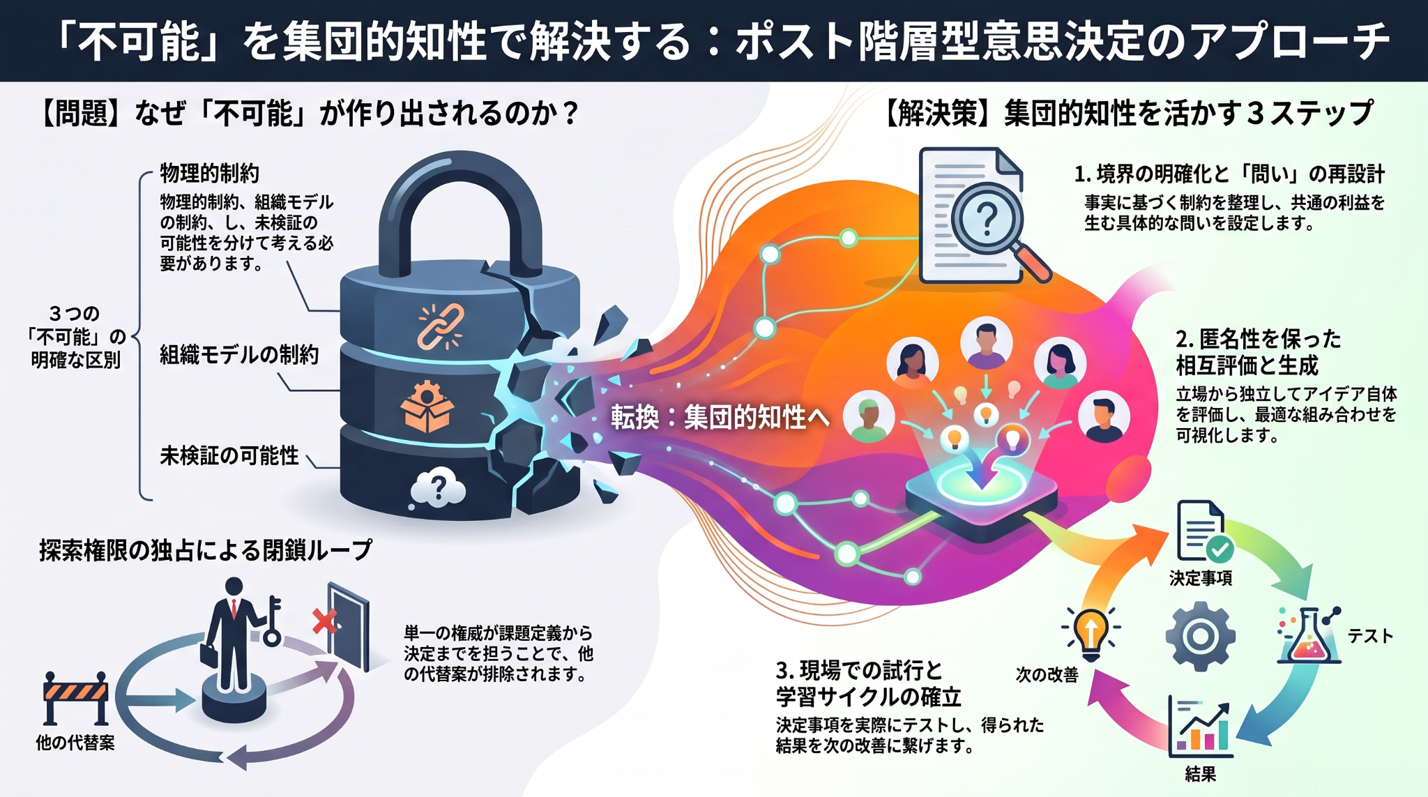 物理的制約、組織モデルによる制約、未検証の可能性を区別する図。問題と条件の明確化、匿名性を保ったアイデアの相互評価と提案、選んだ解決策の実施と検証を通じた学習の流れを示しています。