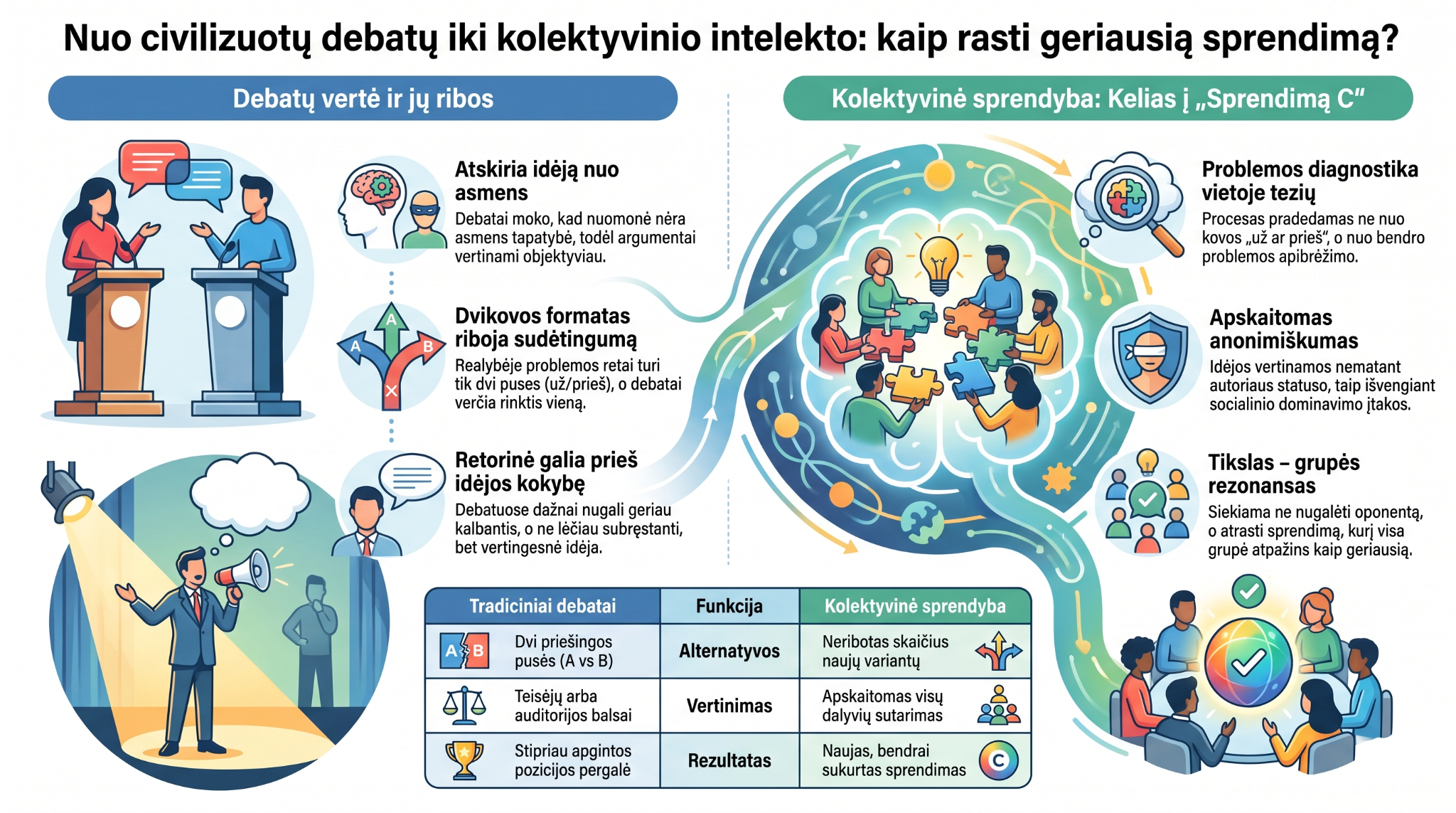 Debatų vertės ir ribų palyginimas su kolektyvine sprendyba: problemos diagnostika, apskaitomas anonimiškumas ir grupės rezonansas