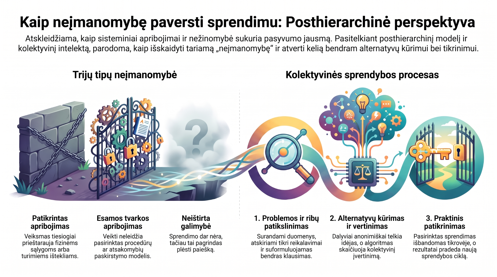 Infografika apie tris negalimybės atvejus: patikrintą apribojimą, esamos tvarkos apribojimą ir neištirtą galimybę. Toliau vaizduojamas problemos patikslinimas, kolektyvinis alternatyvų kūrimas ir vertinimas bei praktinis sprendimo patikrinimas.
