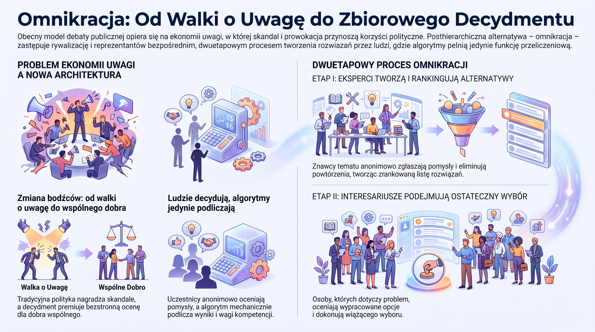 Omnikracja: od walki o uwagę do zbiorowego decydmentu. Diagram pokazuje problem ekonomii uwagi, rozdział ról człowieka i algorytmu oraz dwuetapowy proces omnikracji.
