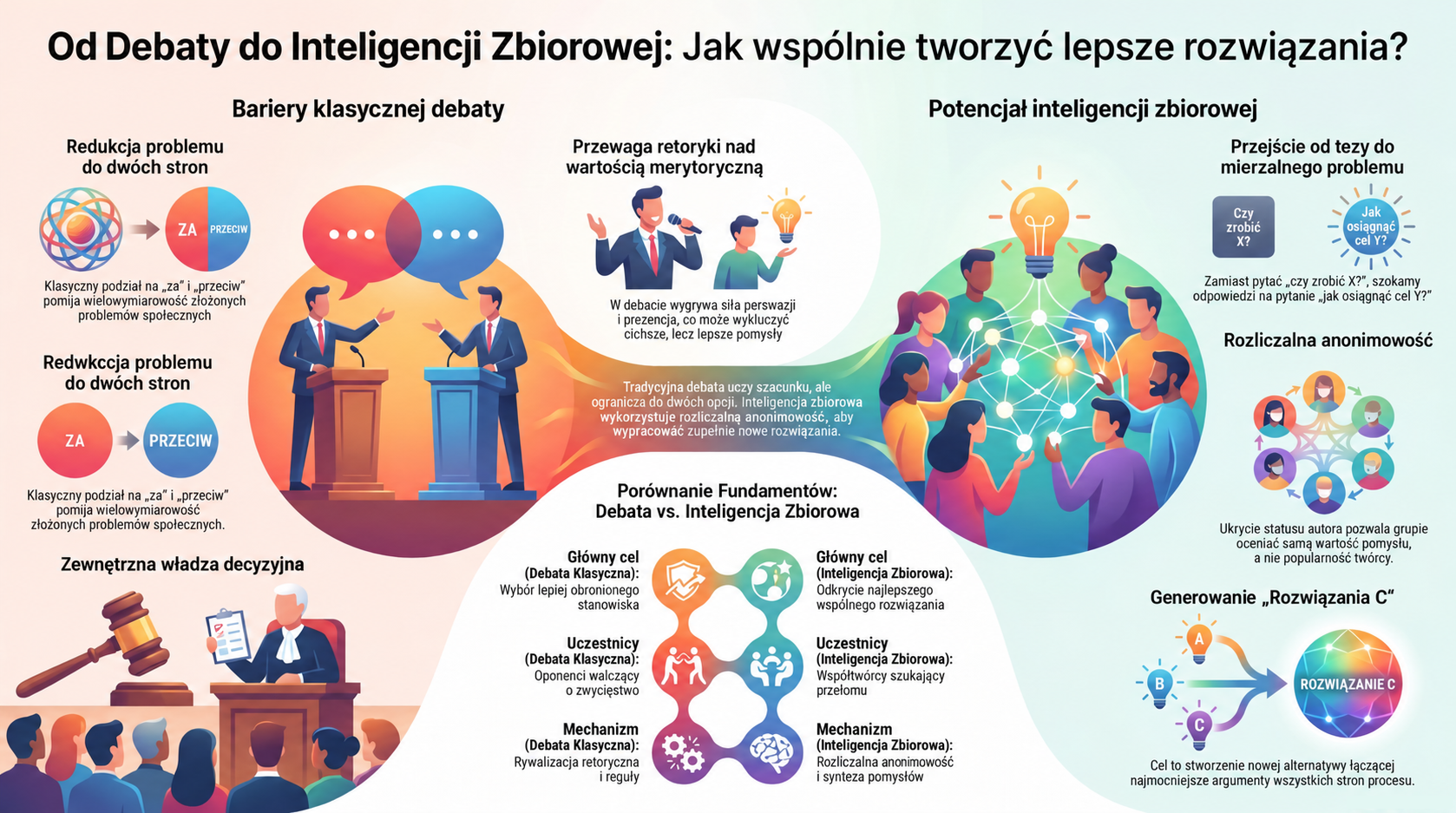 Infografika porównująca debatę z inteligencją zbiorową: od przeciwstawnych stanowisk do alternatyw tworzonych i ocenianych w warunkach rozliczalnej anonimowości oraz do wspólnego rozwiązania.