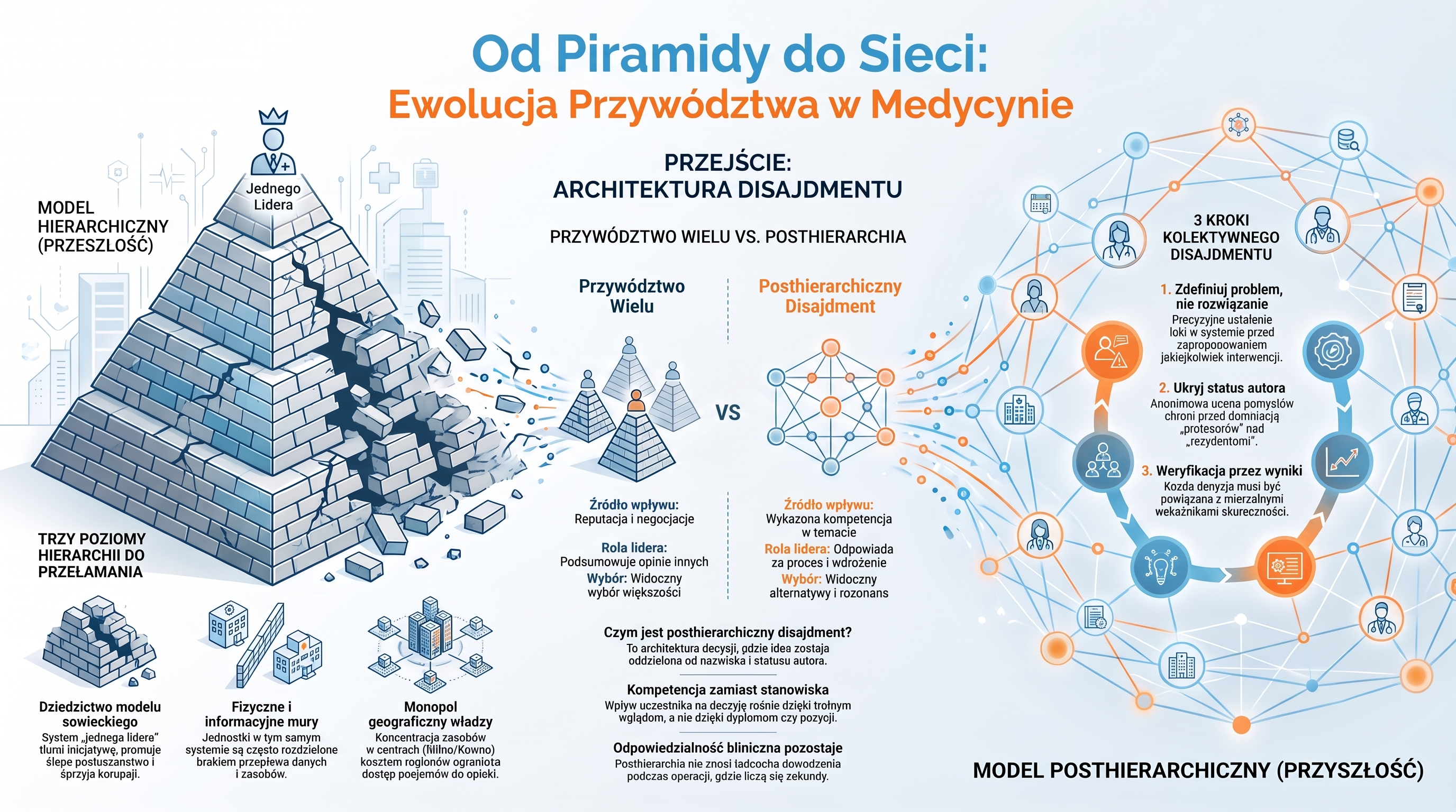 Infografika Od piramidy do sieci, przeciwstawiająca hierarchiczny model jednego lidera posthierarchicznej medycynie opartej na architekturze disajdmentu, ocenie alternatyw i kompetencji zamiast stanowiska.