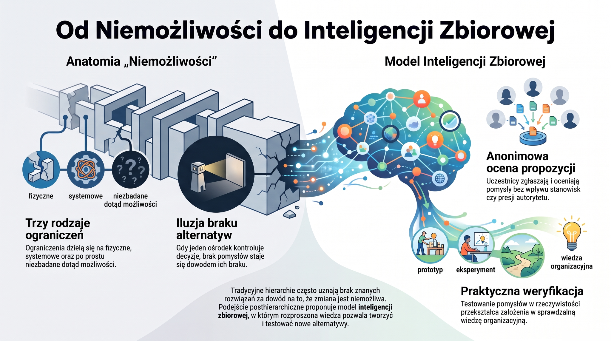 Infografika zestawia ograniczenia fizyczne, ograniczenia systemowe i niezbadane możliwości z modelem inteligencji zbiorowej. Uczestnicy anonimowo zgłaszają i oceniają pomysły, a prototypy i eksperymenty pozwalają sprawdzać wybrane rozwiązania w praktyce.