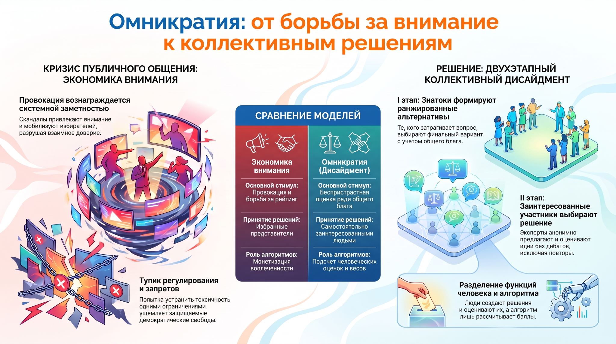 Омникратия: от борьбы за внимание к коллективным решениям. Сопоставление экономики внимания и омникратии, двух этапов дисайдмента и разделения функций людей и алгоритма.