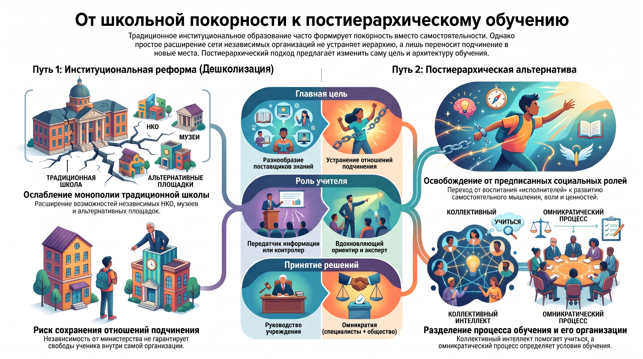 Сравнение институциональной реформы образования и постиерархической альтернативы: освобождение от предписанных социальных ролей, коллективный интеллект и омникратический процесс обучения.