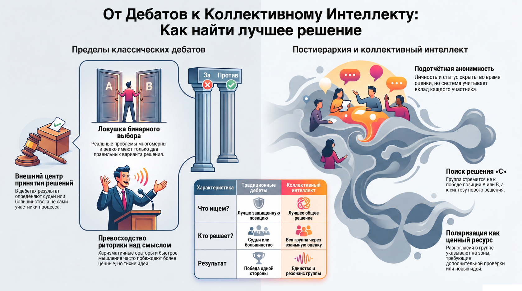 Инфографика, сопоставляющая дебаты и коллективный интеллект: от противоположных позиций к альтернативам, создаваемым и оцениваемым в условиях подотчётной анонимности, и к общему решению.