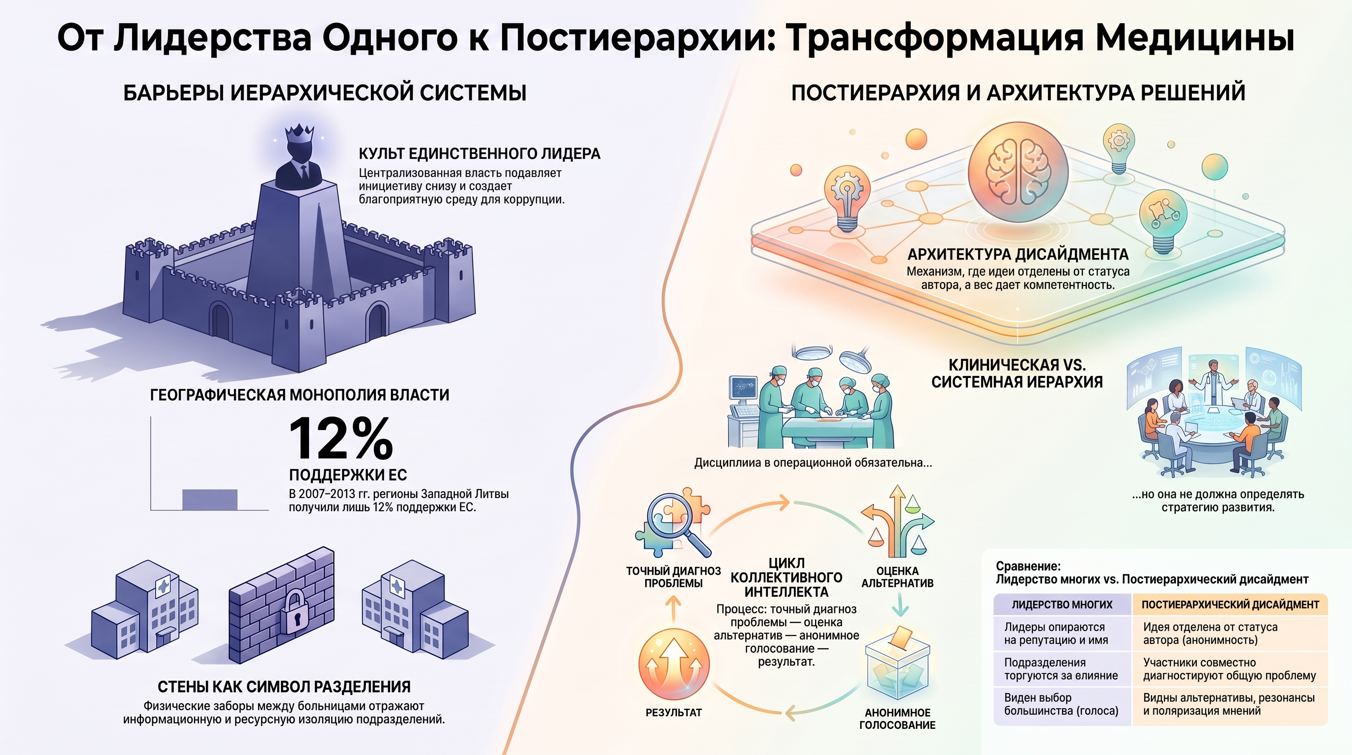 Инфографика, сопоставляющая барьеры иерархической медицинской системы — культ единственного лидера, географическую монополию власти и разделяющие стены — с постиерархической медициной, основанной на архитектуре дисайдмента, коллективном интеллекте и оценке альтернатив.