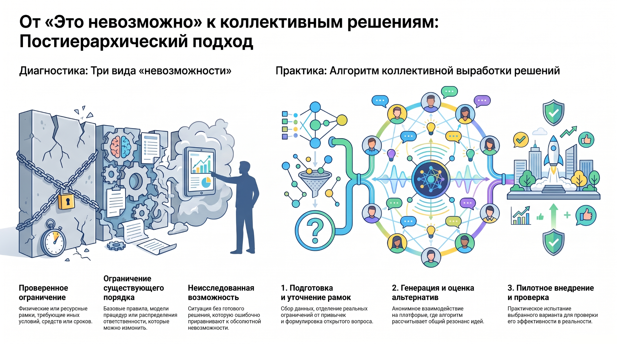 Инфографика: проверенное ограничение, ограничение существующего порядка и неисследованная возможность; далее — подготовка и уточнение рамок, совместное создание и оценка альтернатив, пилотное внедрение и проверка.