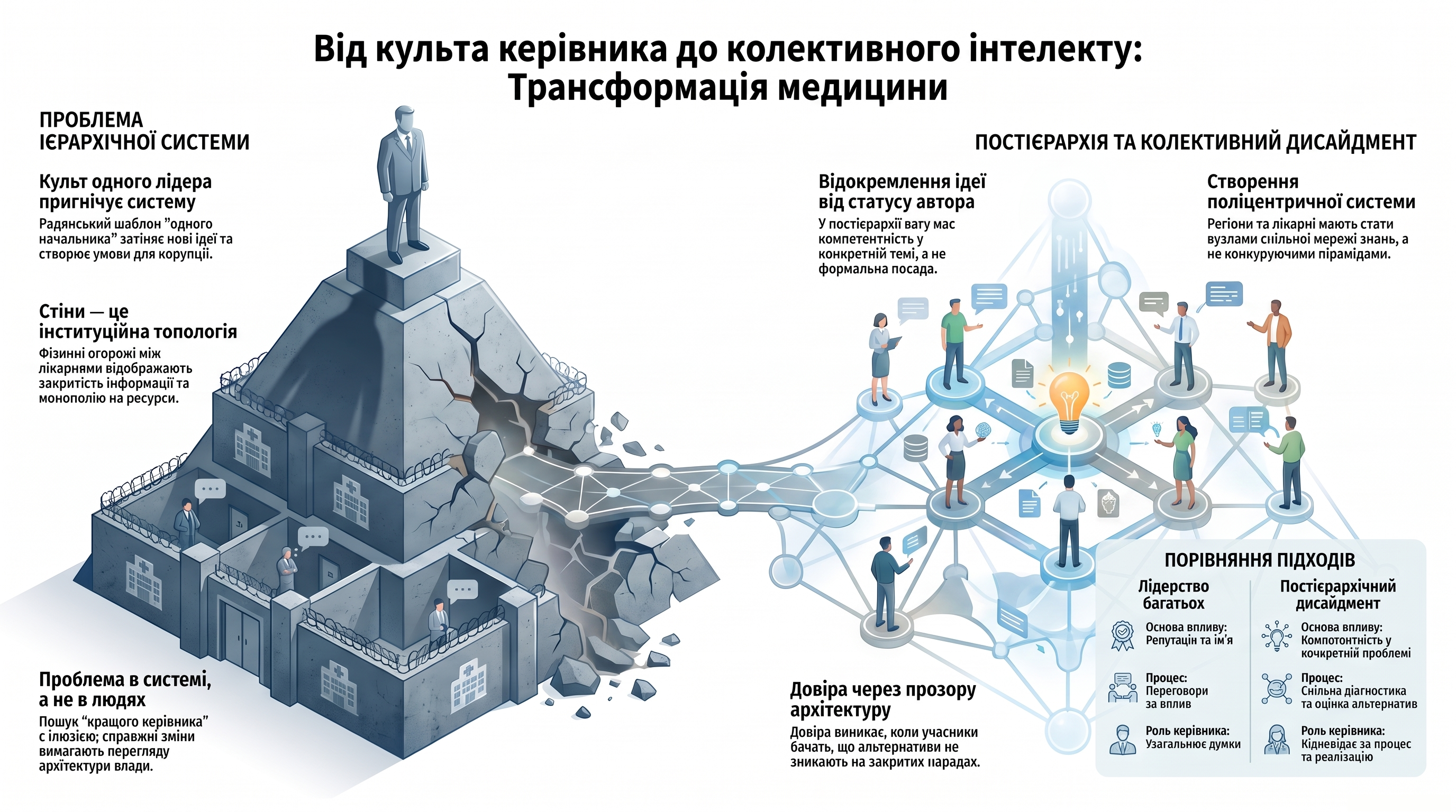 Інфографіка Від культу керівника до колективного інтелекту, яка протиставляє ієрархічну систему одного лідера постієрархічній медицині, заснованій на архітектурі дисайдменту, оцінюванні альтернатив і компетентності замість посади.