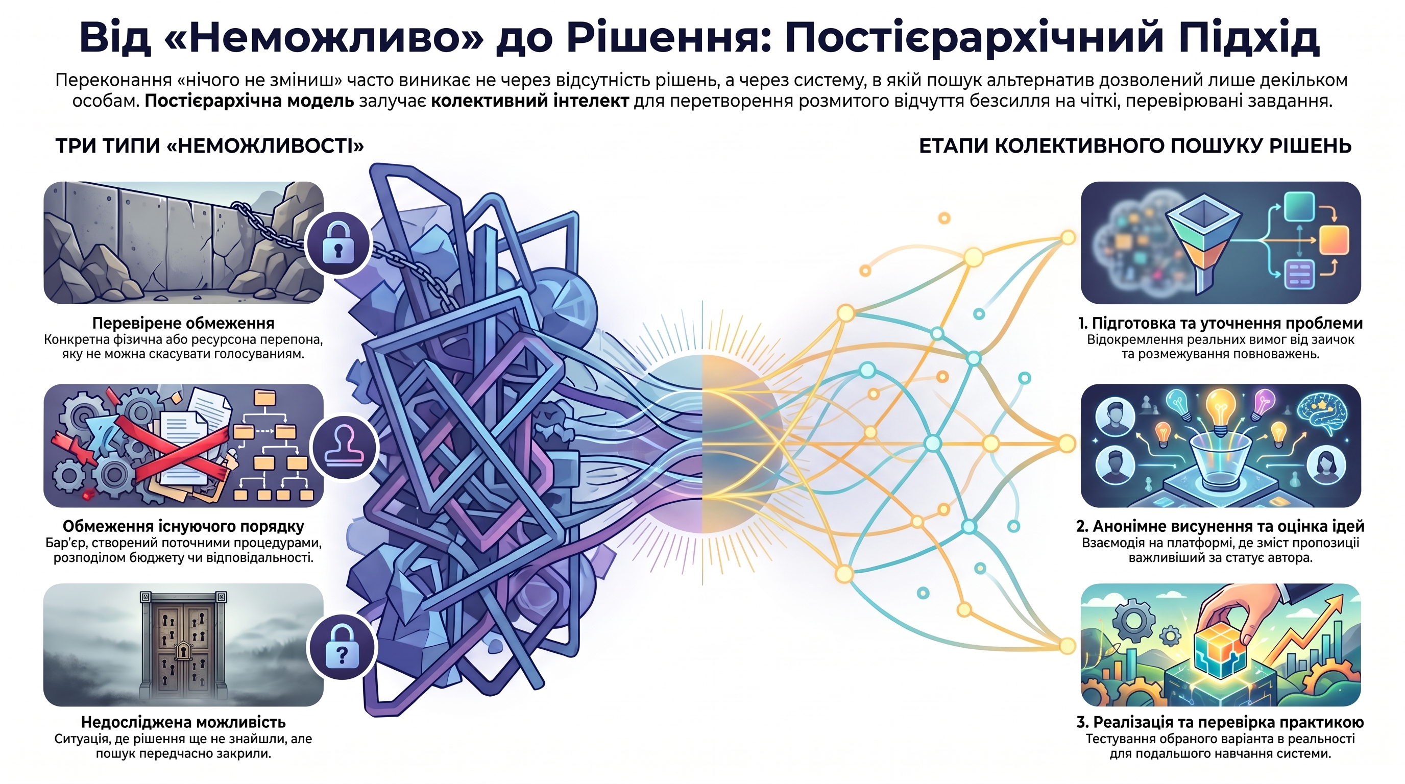 Інфографіка розрізняє перевірені обмеження, обмеження існуючого порядку та недосліджені можливості. Постієрархічний підхід поєднує підготовку й уточнення проблеми, анонімне подання та оцінювання ідей на одній платформі, а згодом — реалізацію й практичну перевірку обраного рішення.