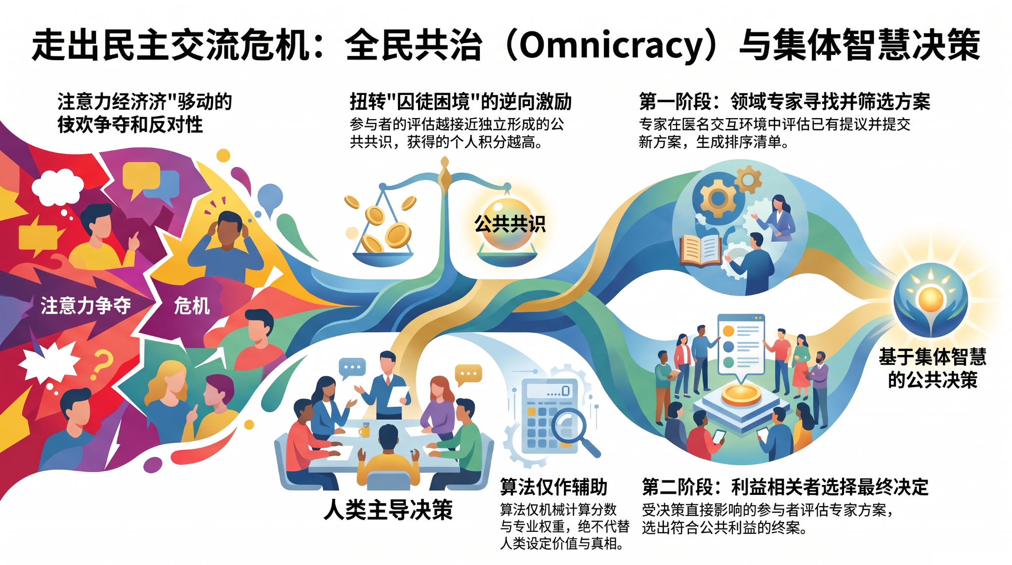 全民共治与集体智慧决策:注意力争夺转向两阶段方案发现和选择的示意图